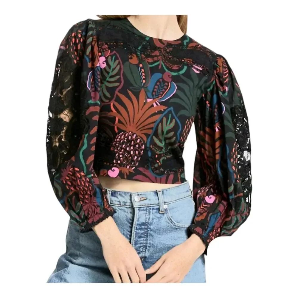 FARM Rio FrutisDream Puff Sleeve SubtleFruit Print NWT Sz S BOHO Art to Wear Y2K